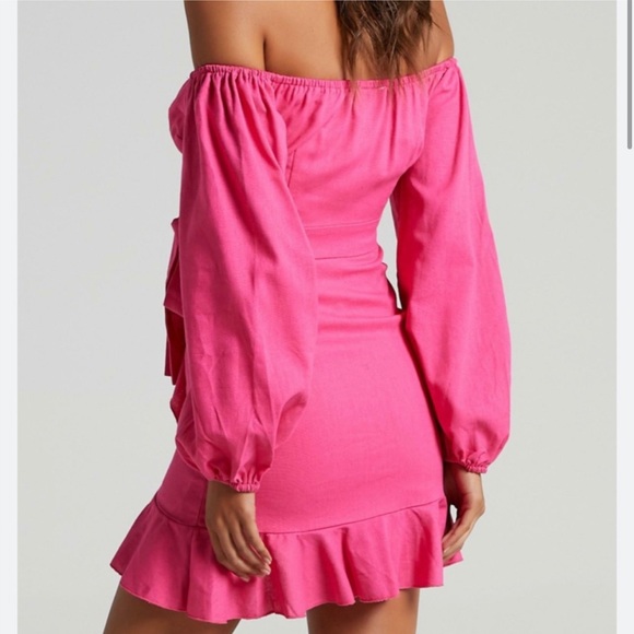 Revolve Off Shoulder HotPink Ruffle Wrap Linen Mini Dress S/M - Picture 3 of 5